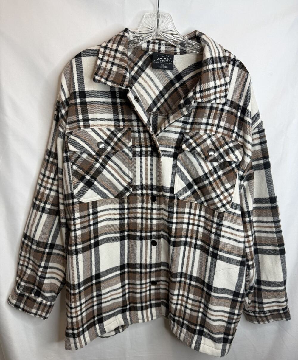 HFX Unisex Plaid Flannel Button-Up Shirt Jacket Shacket Pockets L White Brown